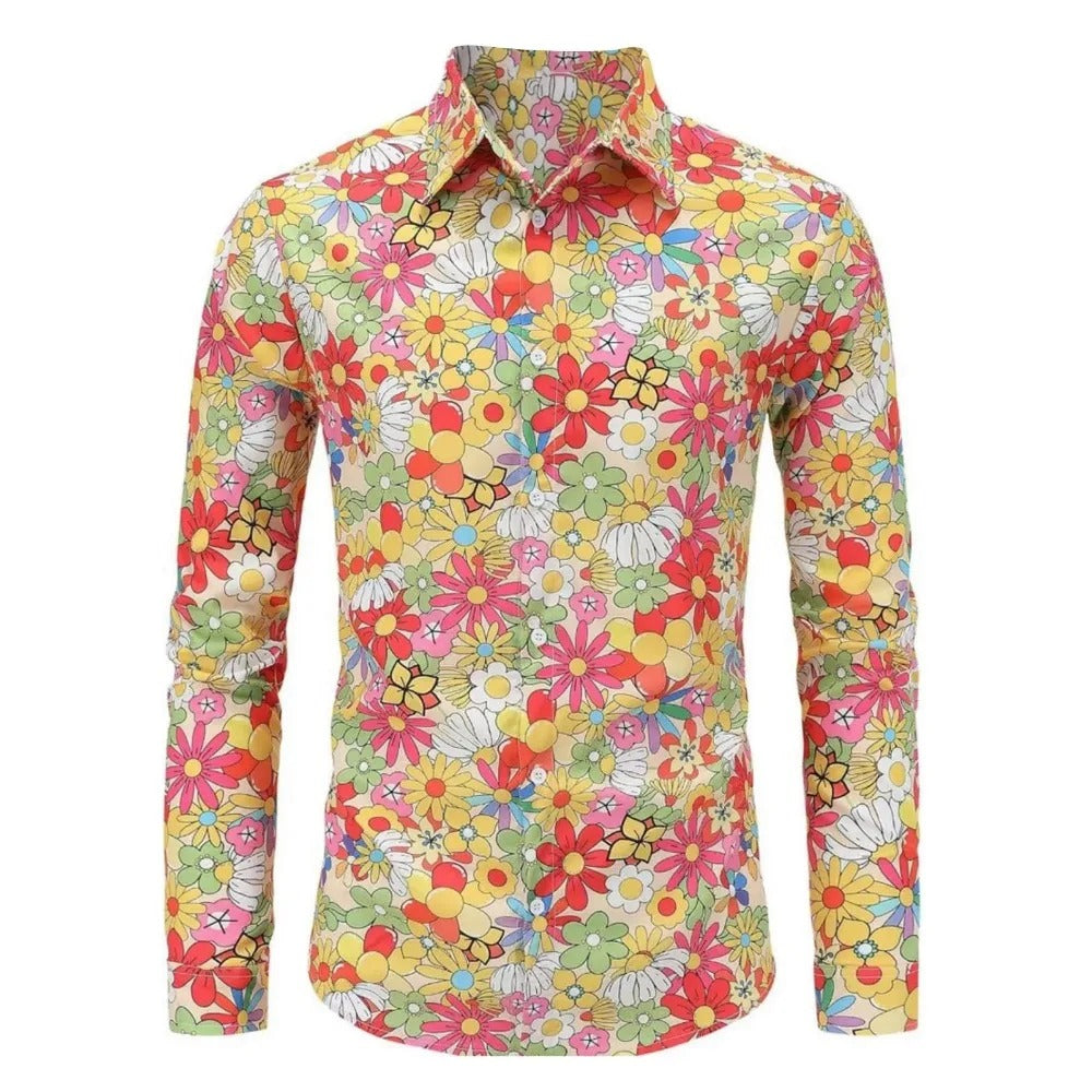Long Sleeve Retro Shirt Floral Pattern 70s Disco Hip Hop Style