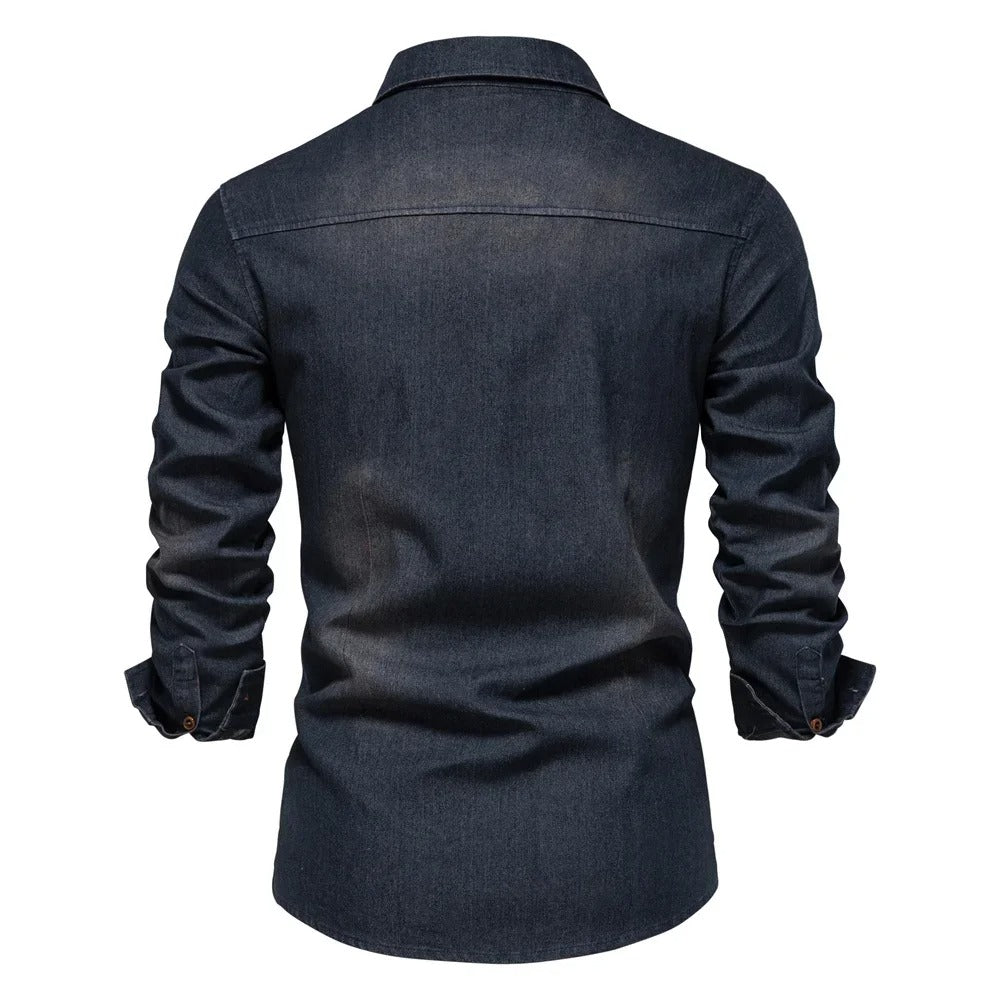 Men's Cotton Denim Shirt Long Sleeve Solid Color Casual Fit