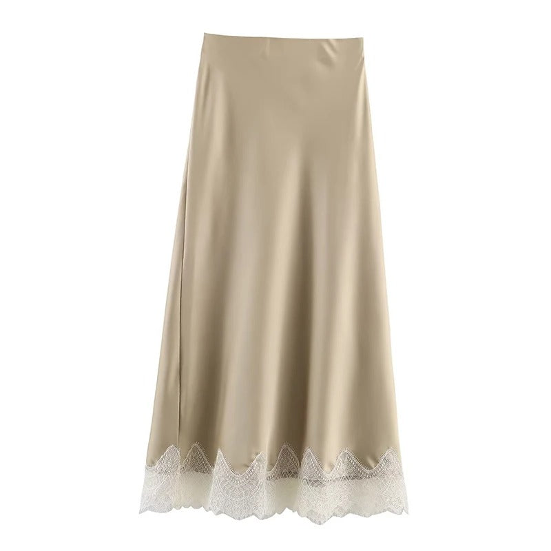 Midi Skirt Lace Side Hem Pleated A Line High Waist