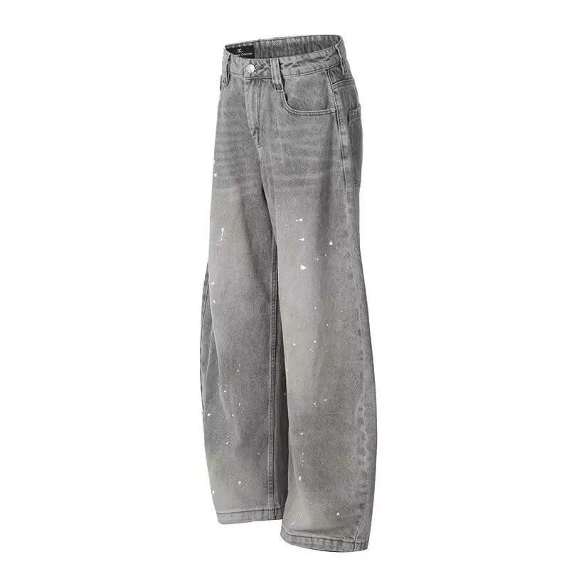 Washed Vintage Grey Splash Ink Jeans Loose Fit Curved Leg Streetwear
