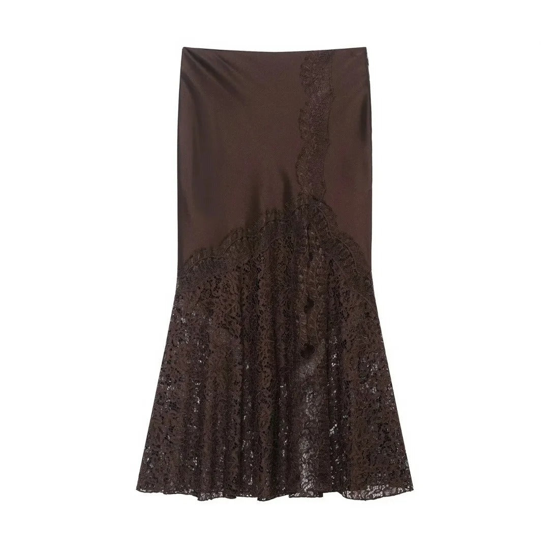 Midi Satin A Line Skirt High Waist Lace Split Casual Streetwear for Women