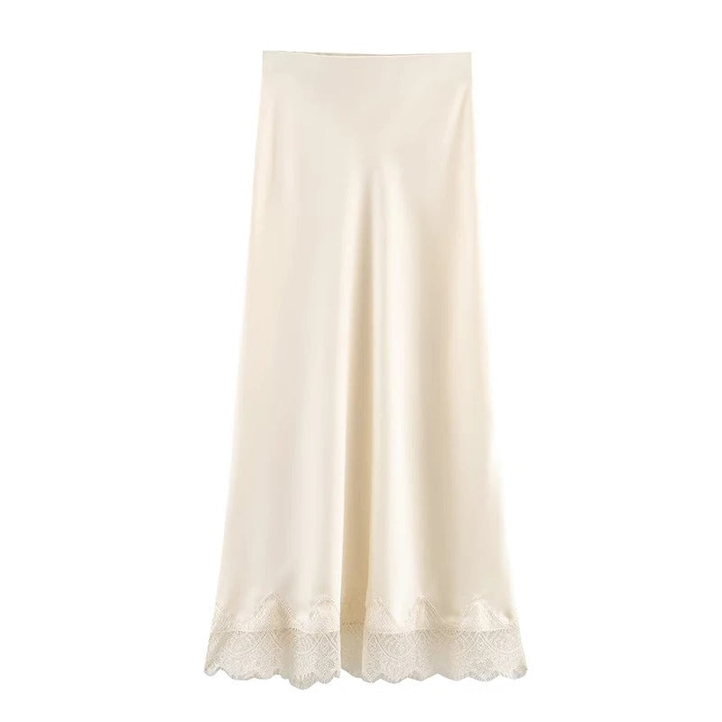 Midi Skirt Lace Side Hem Pleated A Line High Waist