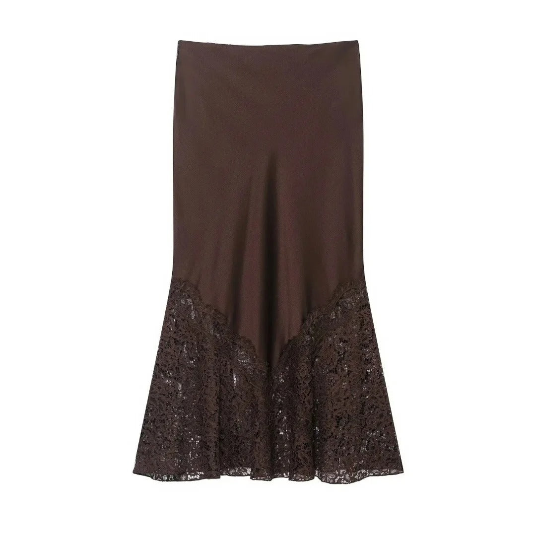 Midi Satin A Line Skirt High Waist Lace Split Casual Streetwear for Women