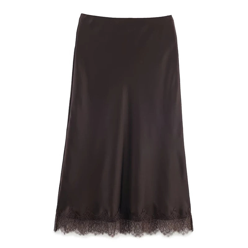 Midi Skirt Lace Side Hem Pleated A Line High Waist