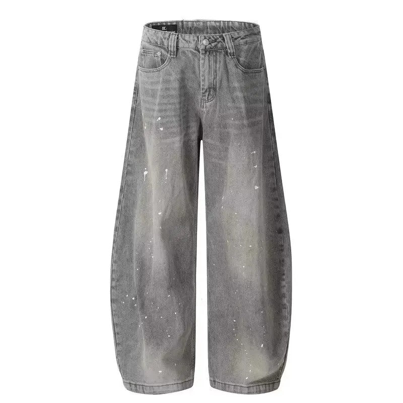 Washed Vintage Grey Splash Ink Jeans Loose Fit Curved Leg Streetwear