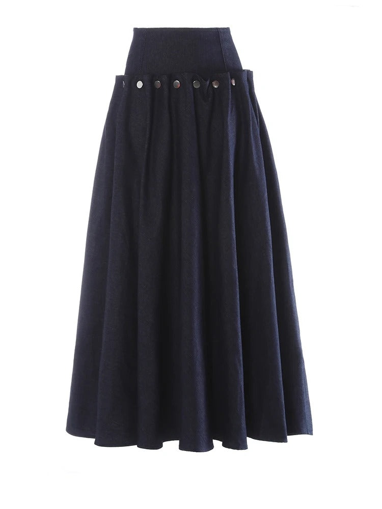 A-line Midi Skirt High Waist Pleated Button Front Navy Blue