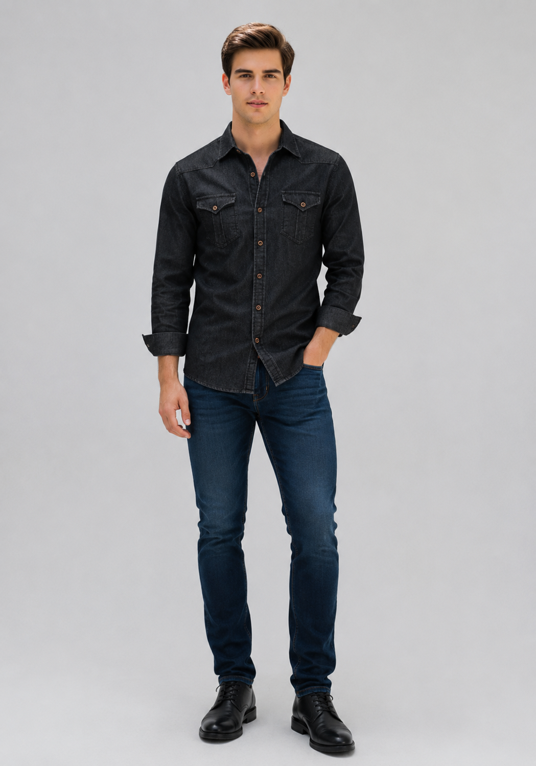 Men's Cotton Denim Shirt Long Sleeve Solid Color Casual Fit