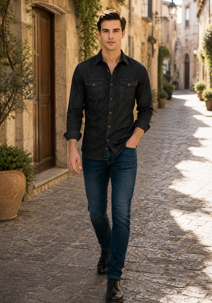 Men's Cotton Denim Shirt Long Sleeve Solid Color Casual Fit