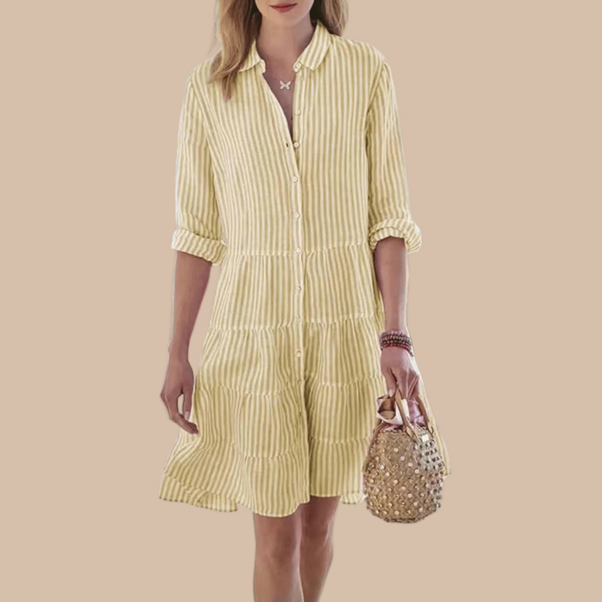 Women's button-front striped midi dress - yellow