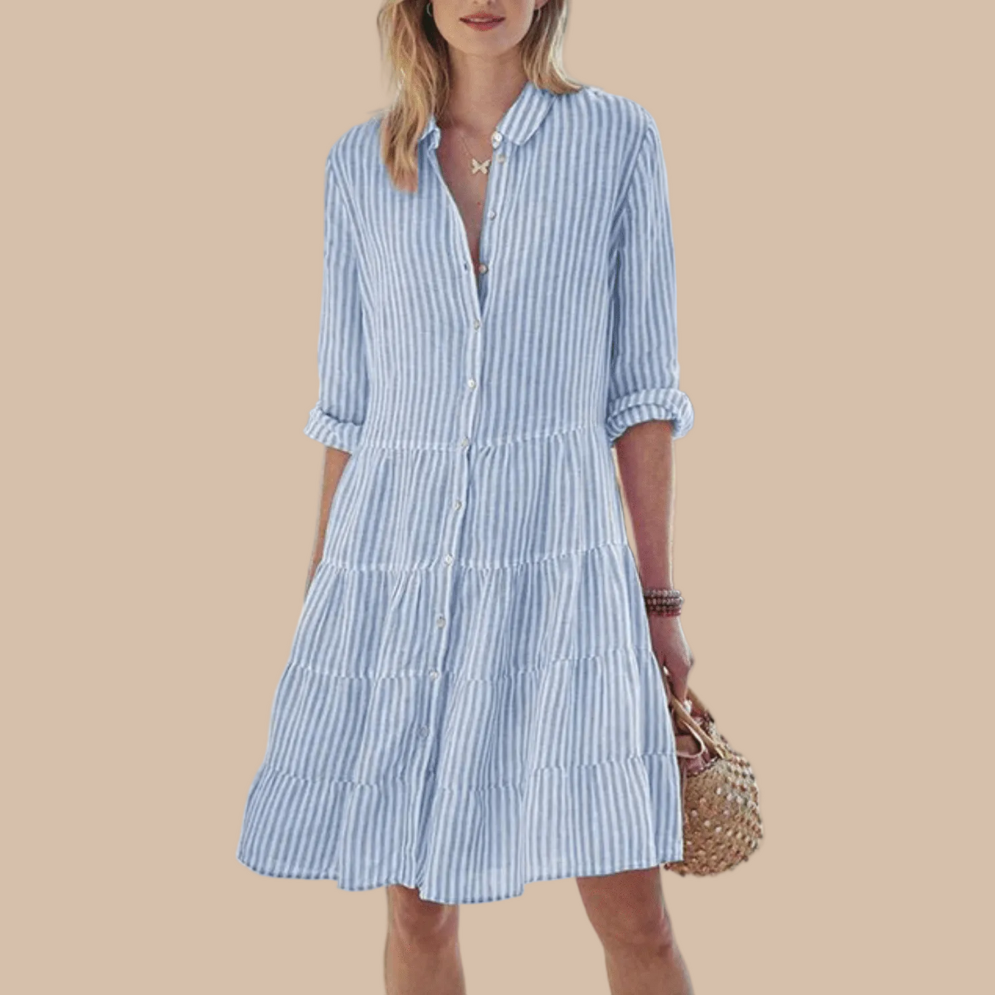 Women's striped button-front tiered midi dress - blue