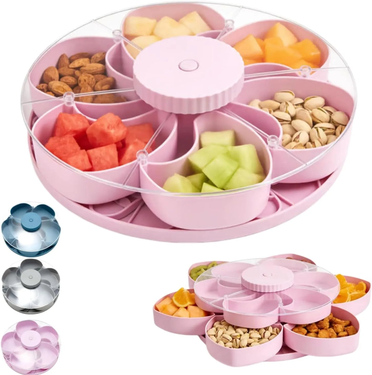 Rotating 5-compartment snack serving bowl with lid