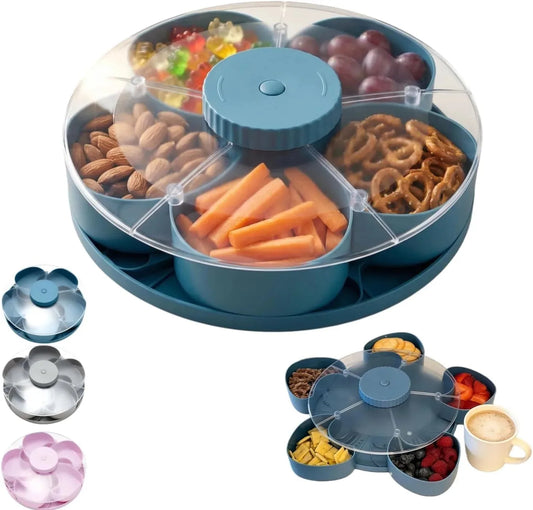 Rotating 5-compartment snack serving bowl with lid