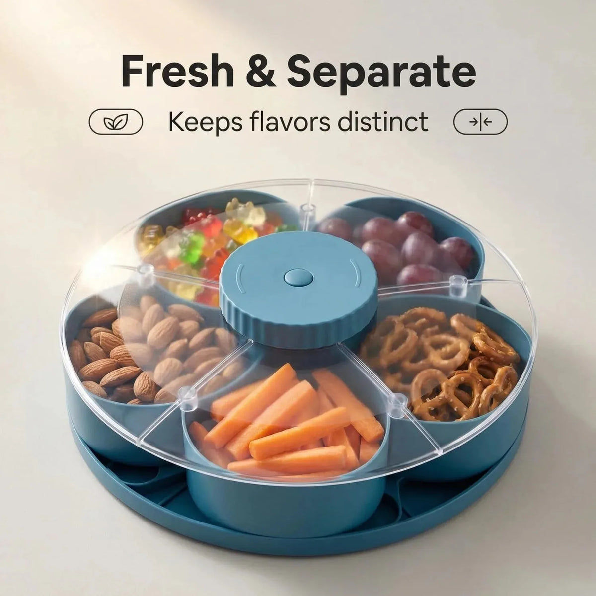 Rotating 5-compartment snack serving bowl with lid