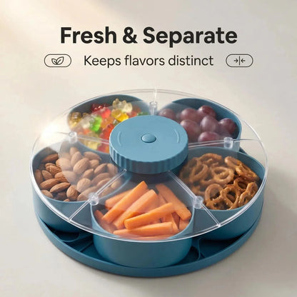 Rotating 5-compartment snack serving bowl with lid