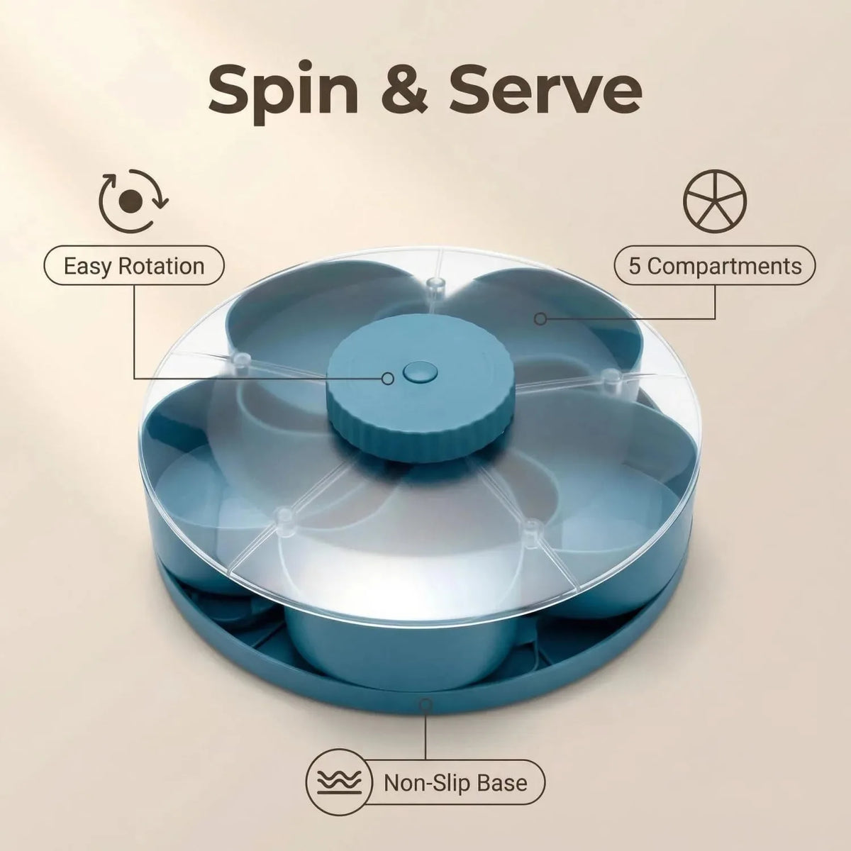 Rotating 5-compartment snack serving bowl with lid