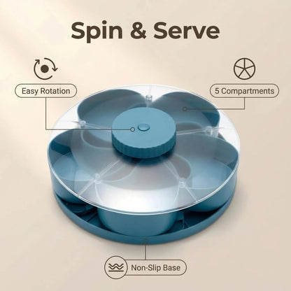 Rotating 5-compartment snack serving bowl with lid