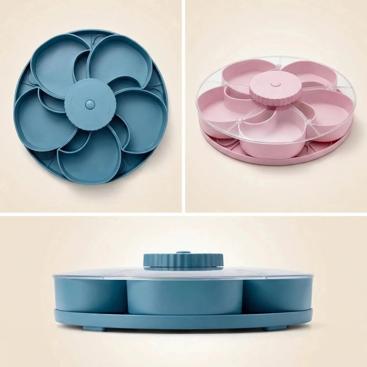 Rotating 5-compartment snack serving bowl with lid