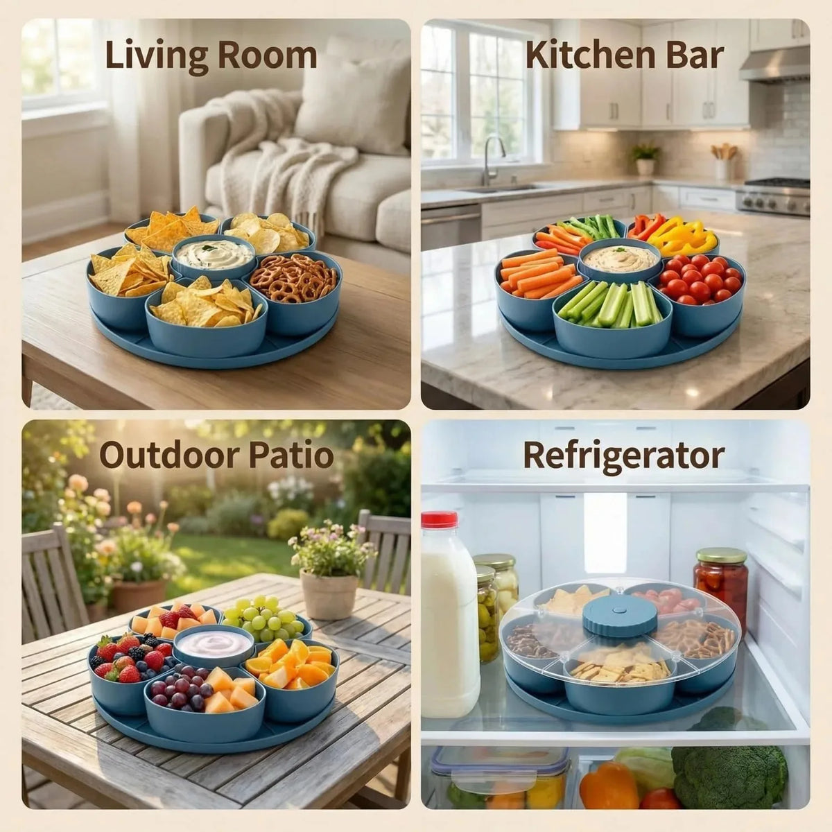 Rotating Snack Bowl – 5-Compartment Serving Tray with Lid