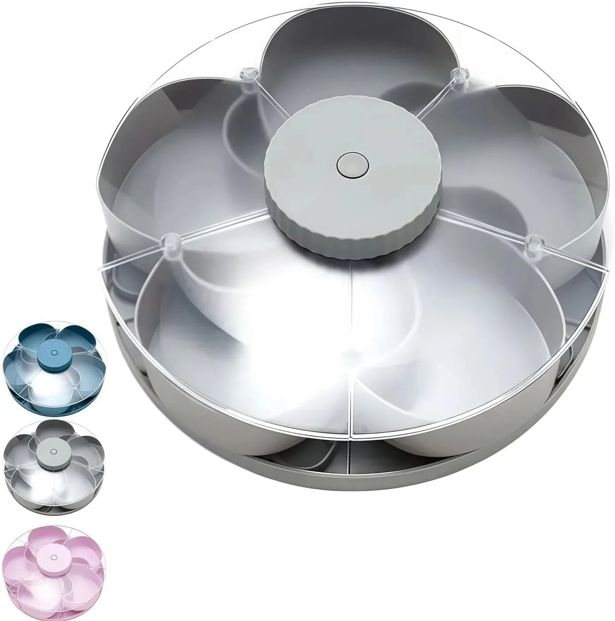 Rotating 5-compartment snack serving bowl with lid