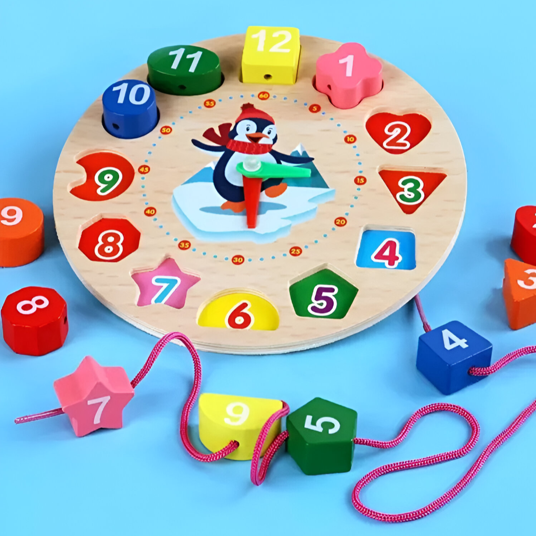 Wooden teaching clock with shapes