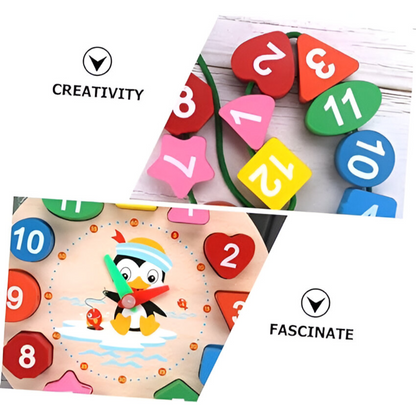 Wooden teaching clock with shapes