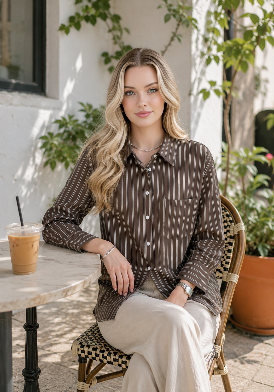 Women’s Button Up Shirt Brown Stripe Batwing Sleeves Patch Pockets