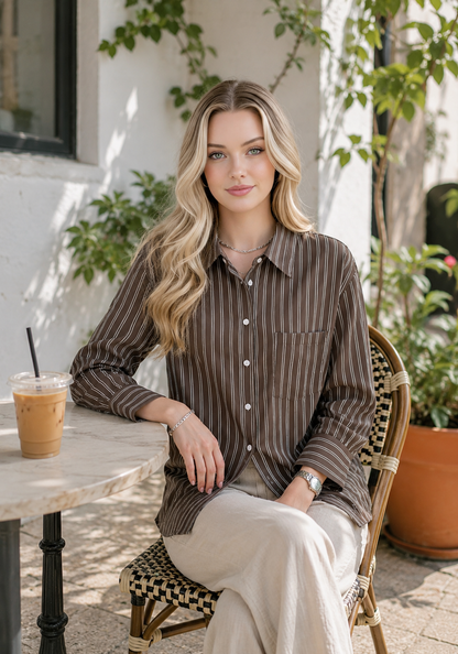 Women’s Button Up Shirt Brown Stripe Batwing Sleeves Patch Pockets