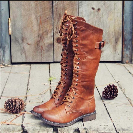 Women's brown tall lace-up riding knee-high boots