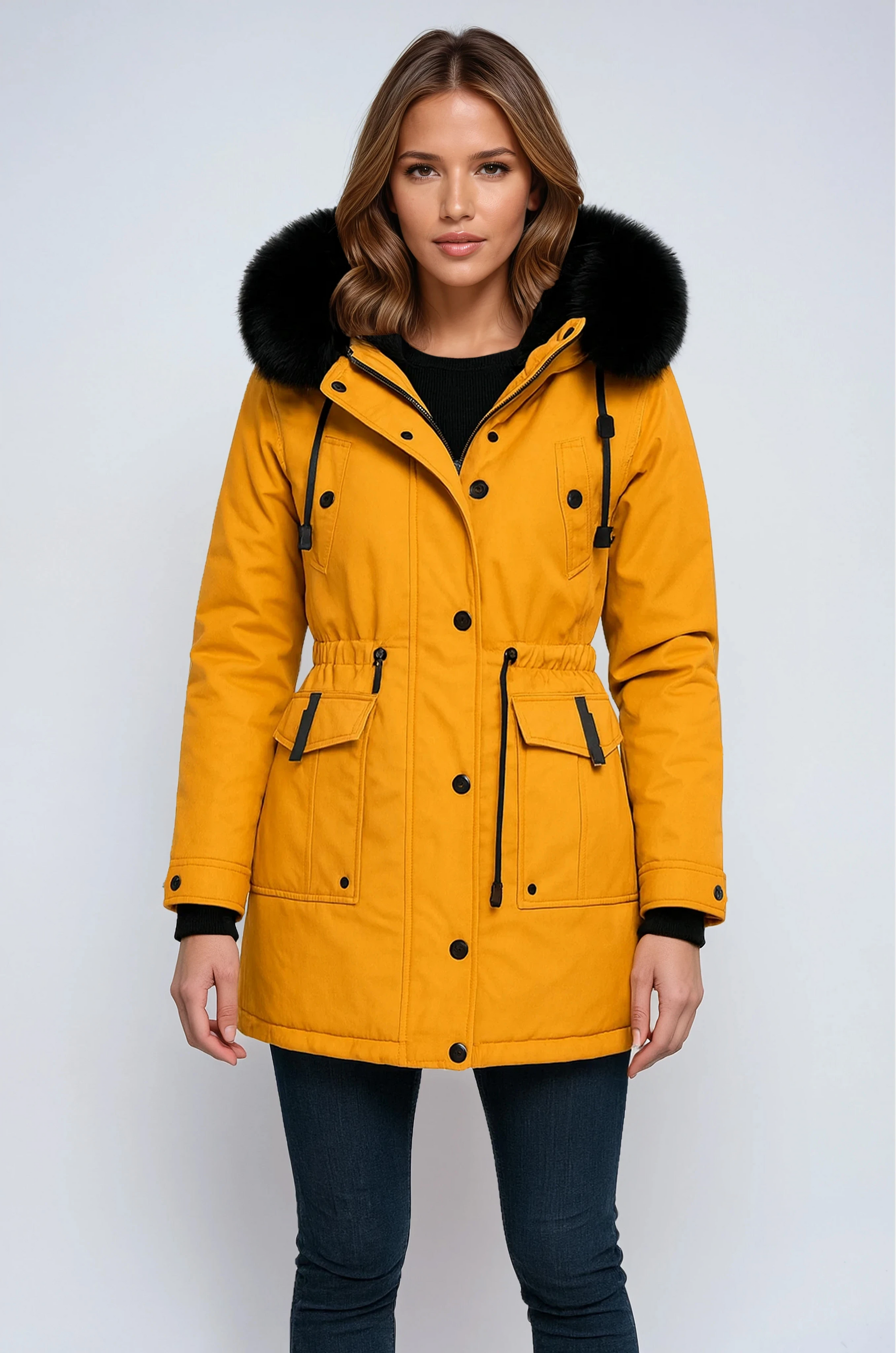 Women's parka coat with a faux fur hood and cinched waist for winter