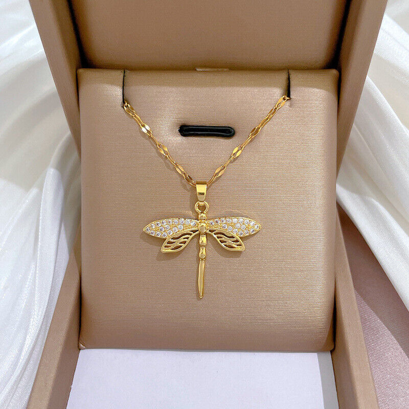 Dragonfly Pendant Gold Necklace with Crystal Detail