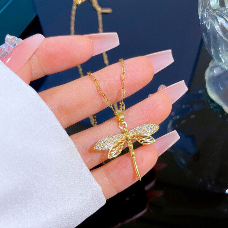 Dragonfly Pendant Gold Necklace with Crystal Detail