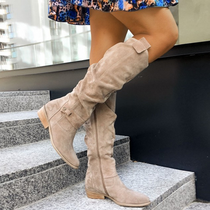 Women's beige flat casual knee-high tall boots