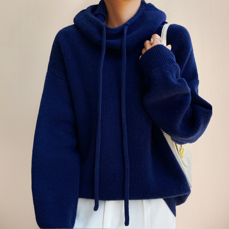 Women's oversized cotton hoodie jumper with high neck and drawstrings