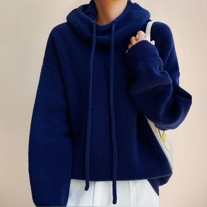 Women's oversized cotton hoodie jumper with high neck and drawstrings