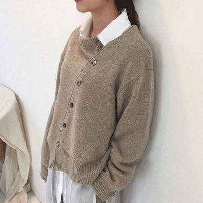 Women's wrap knit cardigan with asymmetric button detail