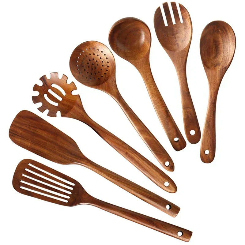 Teak Wood Kitchen Utensil Set – Eco-Friendly 5-Piece Cooking Tools