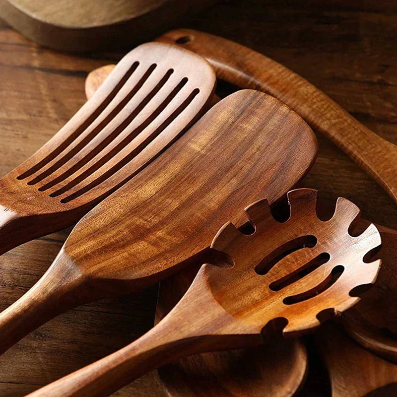 Teak Wood Kitchen Utensil Set – Eco-Friendly 5-Piece Cooking Tools
