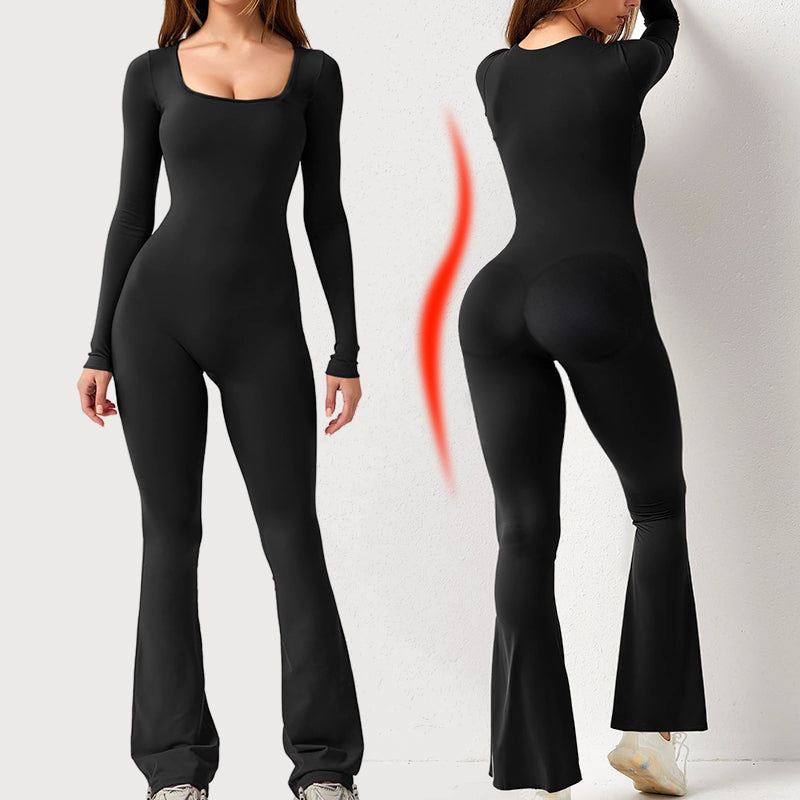 Women's square-neck wide-leg long-sleeve jumpsuit