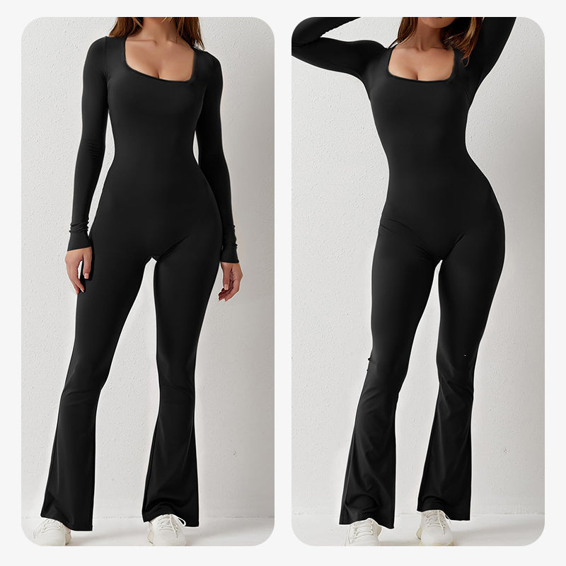 Women's square-neck wide-leg long-sleeve jumpsuit