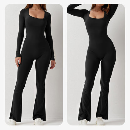 Women's square-neck wide-leg long-sleeve jumpsuit