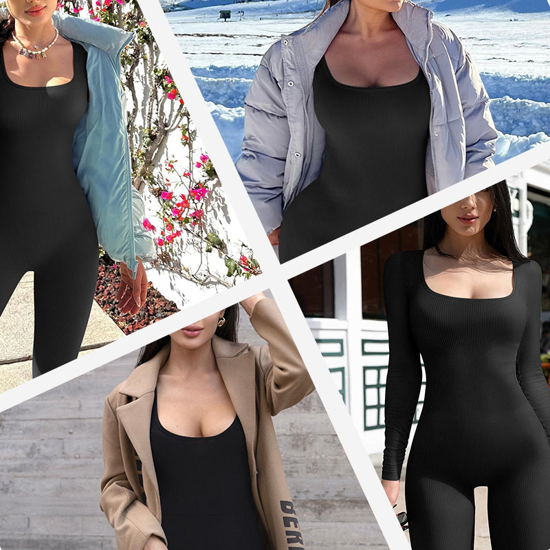 Women's square-neck wide-leg long-sleeve jumpsuit