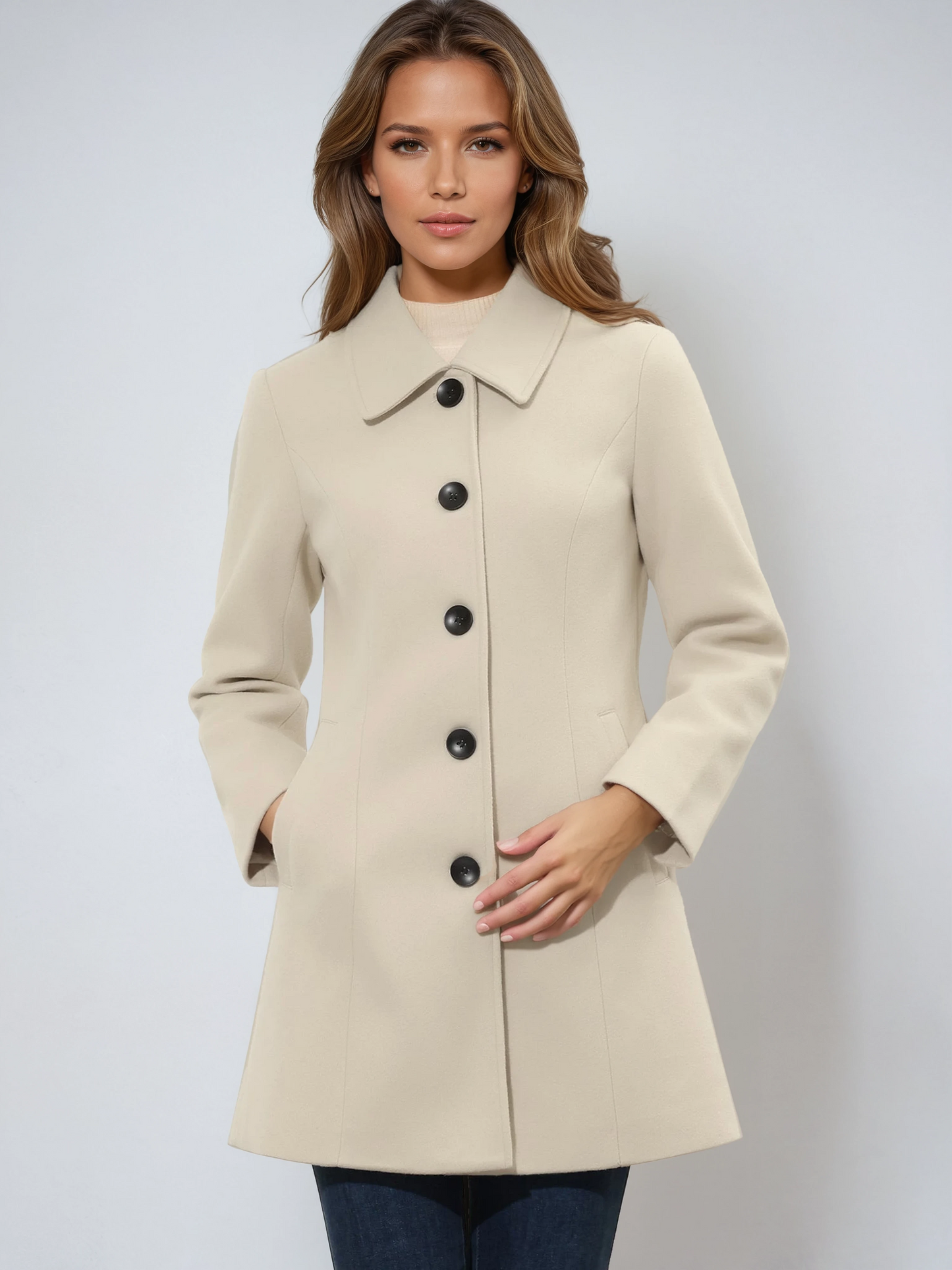 Women's single-breasted cotton trench coat in a longline winter silhouette