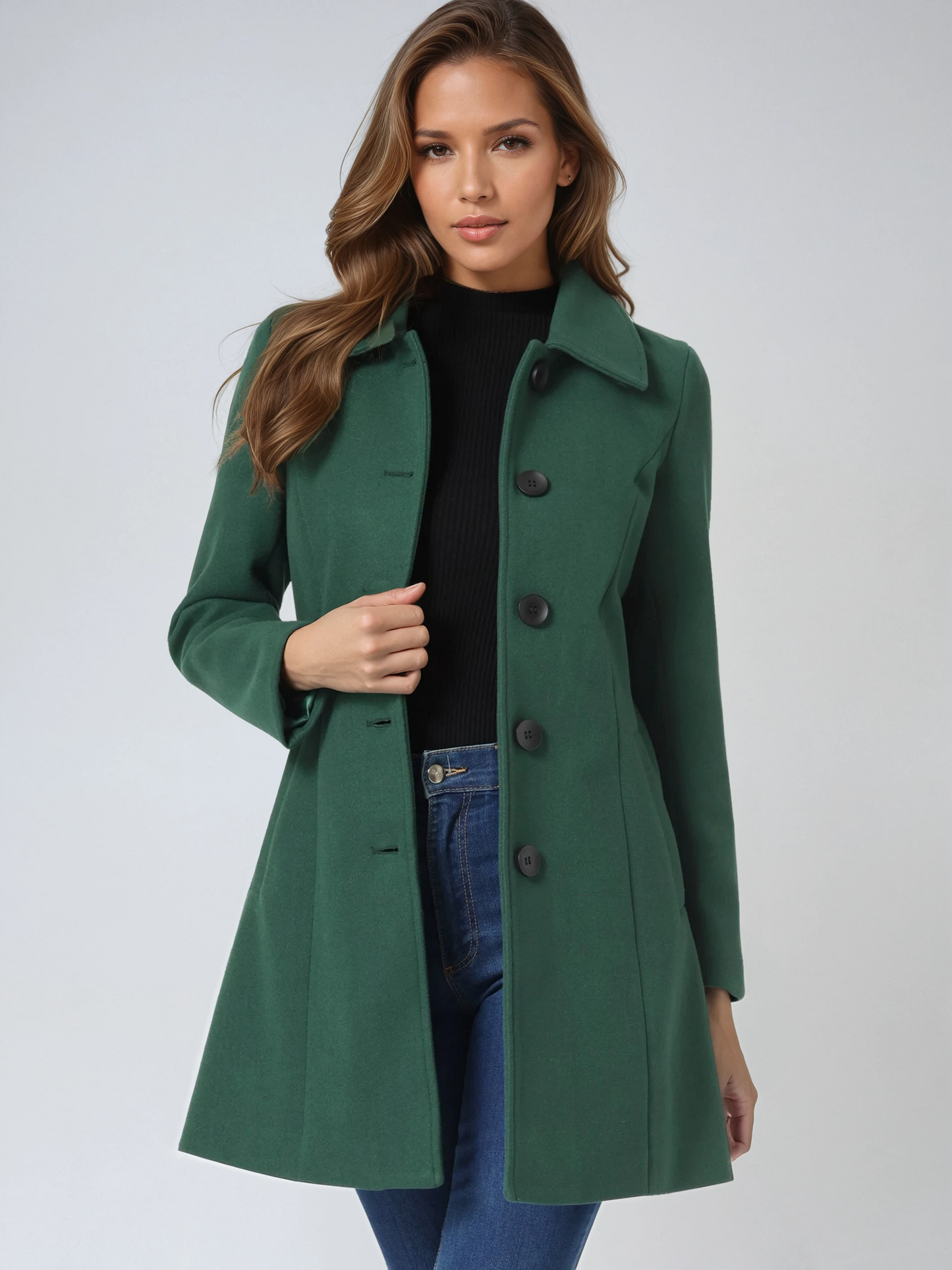 Women's single-breasted cotton trench coat in a longline winter silhouette