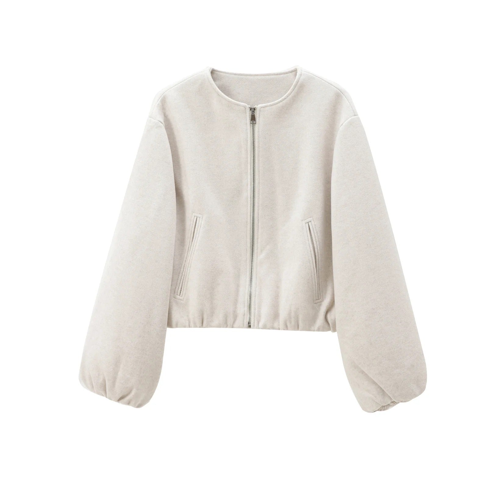 Fleece Bomber Jacket Cropped Long Sleeve Zip Front