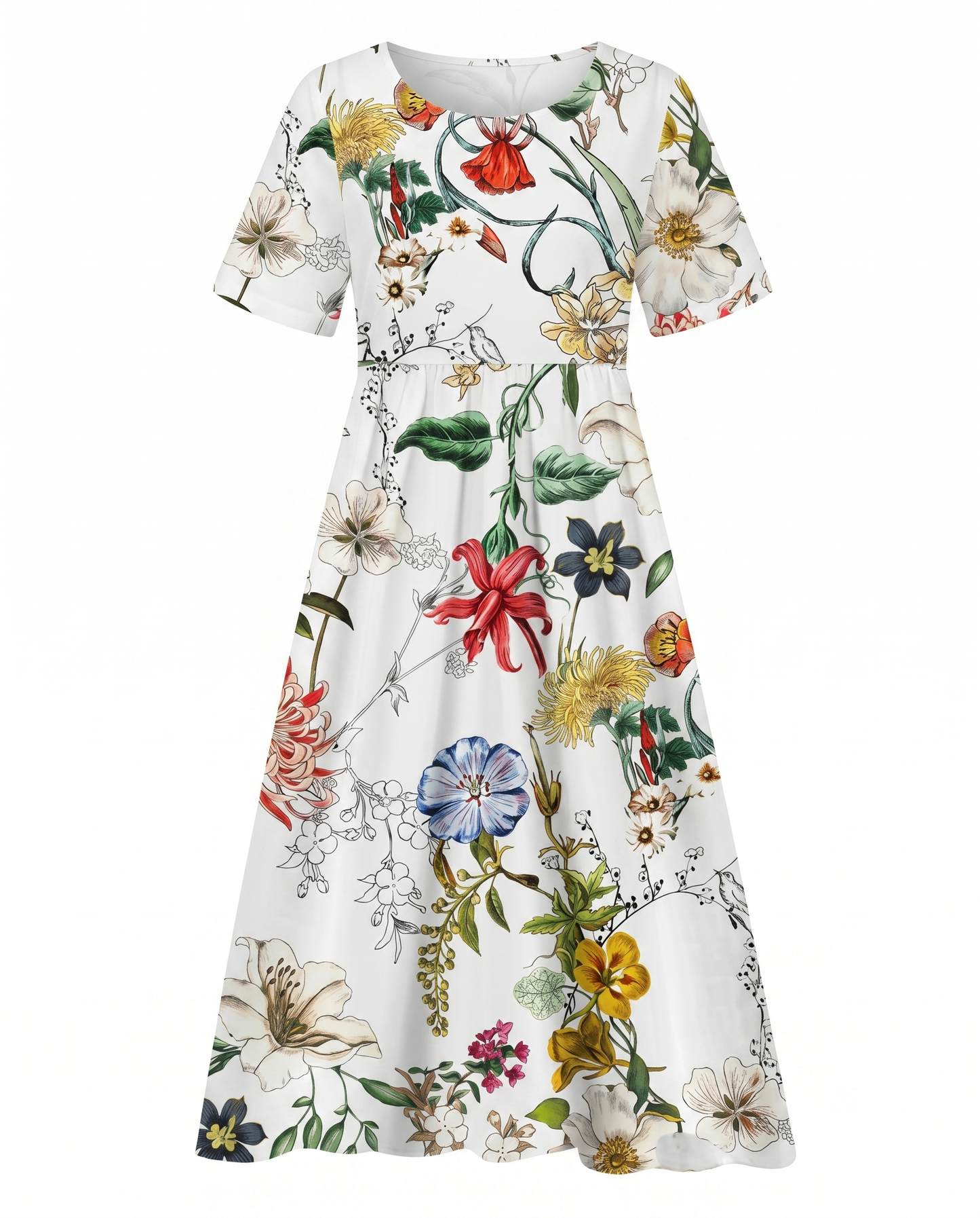 Women's floral A-line midi dress - white and green