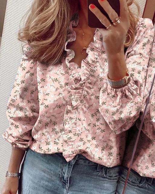 Women's Ruffle Blouse – Casual V-Neck Long-Sleeve Top