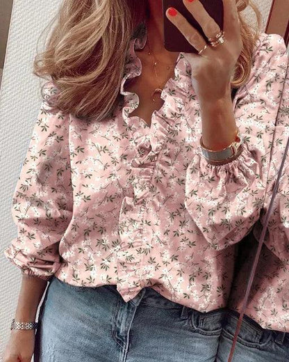 Women's Ruffle Blouse – Casual V-Neck Long-Sleeve Top