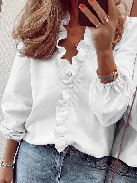 Women's Ruffle Blouse – Casual V-Neck Long-Sleeve Top