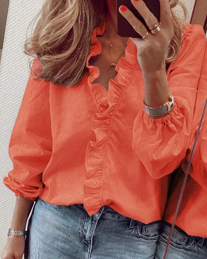 Women's Ruffle Blouse – Casual V-Neck Long-Sleeve Top