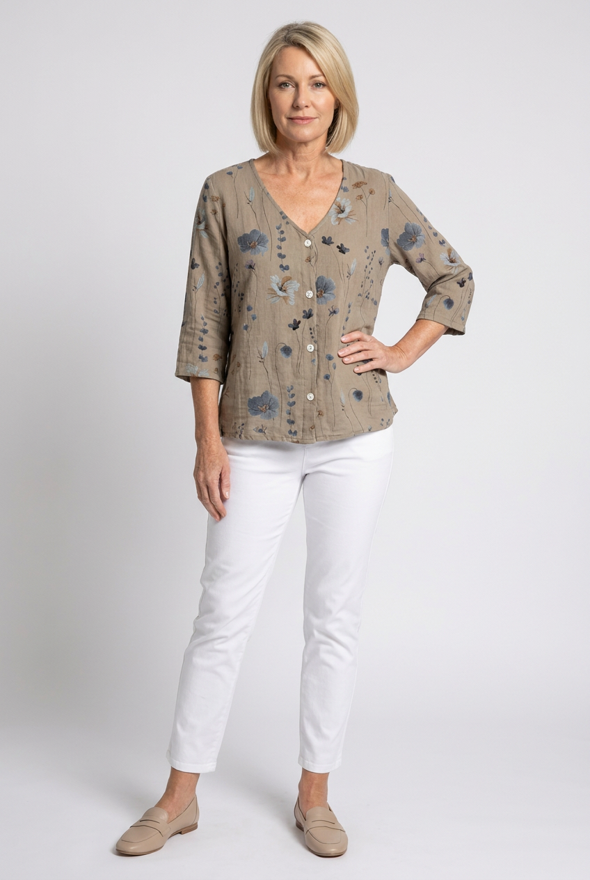 Women's floral V-neck blouse - front
